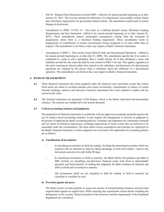 -   IAS 24 - Related Party Disclosures (revised 2009) – effective for annual periods beginning on or after
            January 01, 2011. The revision amends the definition of a related party and modifies certain related
            party disclosure requirements for government-related entities. The amendment would result in certain
            changes in disclosures.

        -   Amendments to IFRIC 14 IAS 19 - The Limit on a Defined Benefit Assets, Minimum Funding
            Requirements and their Interaction (effective for annual periods beginning on or after January 01,
            2011). These amendments remove unintended consequences arising from the treatment of
            prepayments where there is a minimum funding requirement. These amendments result in
            prepayments of contributions in certain circumstances being recognised as an asset rather than an
            expense. This amendment is not likely to have any impact on Bank’s financial statements.

        -   Amendments to IFRS 5 - Non-current Assets Held for Sale and Discontinued Operations – (effective
            for annual periods beginning on or after July 01, 2009). The amendments specify that if an entity is
            committed to a plan to sell a subsidiary, then it would classify all of that subsidiary’s assets and
            liabilities as held for sale when the held for sale criteria in IFRS 5 are met. This applies regardless of
            the entity retaining an interest (other than control) in the subsidiary; and disclosures for discontinued
            operations are required by the parent when a subsidiary meets the definition of a discontinued
            operation. This amendment is not likely to have any impact on Bank’s financial statements.

4. BASIS OF MEASUREMENT

  4.1   These financial statements have been prepared under the historical cost convention except that certain
        fixed assets are stated at revalued amounts and certain investments, commitments in respect of certain
        forward exchange contracts and derivative financial instruments have been marked to market and are
        carried at fair value.

  4.2   The financial statements are presented in Pak Rupees, which is the Bank's functional and presentation
        currency. The amounts are rounded off to the nearest thousand.

  4.3   Critical accounting estimates and judgments

        The preparation of financial statements in conformity with the approved accounting standards requires the
        use of certain critical accounting estimates. It also requires the management to exercise its judgment in
        the process of applying the Bank's accounting policies. Estimates and judgments are continually evaluated
        and are based on historical experiences, including expectations of future events that are believed to be
        reasonable under the circumstances. The areas where various assumptions and estimates are significant to
        the Bank's financial statements or where judgment was exercised in the application of accounting policies
        are as follows:

        a) Classification of investments

            -        In classifying investments as 'held for trading', the Bank has determined securities which are
                     acquired with an intention to trade by taking advantage of short term market / interest rate
                     movements and are to be sold within 90 days.

            -        In classifying investments as 'held to maturity', the Bank follows the guidance provided in
                     SBP circulars on classifying non-derivative financial assets with fixed or determinable
                     payments and fixed maturity. In making this judgment, the Bank evaluates its intention and
                     ability to hold such investment to maturity.

            -        The investments which are not classified as 'held for trading' or 'held to maturity' are
                     classified as 'available for sale'.

        b) Provision against advances

            The Bank reviews its loan portfolio to assess the amount of non-performing advances and provision
            required there against on regular basis. While assessing this requirement various factors including the
            delinquency in the account, financial position of the borrowers and the requirements of the Prudential
            Regulations are considered.
 