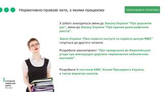 Нормативно-правові акти, з якими працюємо законодавчі ініціативи
У роботі знаходяться зміни до Закону України “Про дорожній
рух”, зміни до Закону України “Про єдиний демографічний
реєстр”.
Закон України “Про сервісні послуги та сервісні центри МВС”
готується до другого читання.
Розробили законопроект “Про приєднання до Європейської
угоди про міжнародне дорожнє перевезення небезпечних
вантажів”.
Розробили 9 постанов КМУ, Указів Президента України,
а також відомчих наказів.
 