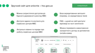 Зручний сайт для клієнтів – hsc.gov.ua комунікація
Можна скористатися доступом до
Єдиного державного реєстру МВС
Можна перевірити навантаження
конкретного центру за допомогою
онлайн-камер
Актуальні новини та поради про
роботу сервісних центрів МВС
Доступні адреси та контакти усіх
сервісних центрів МВС
FAQ – шукай на сайті доступні
відповіді на часті запитання
База акредитованих автошкіл
(перевір, чи акредитована твоя)
 
