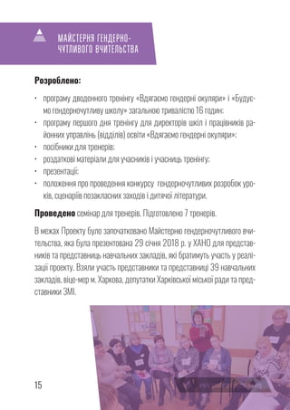 15
Розроблено:
•	 програму дводенного тренінгу «Вдягаємо гендерні окуляри» і «Будує-
мо гендерночутливу школу» загальною тривалістю 16 годин;
•	 програму першого дня тренінгу для директорів шкіл і працівників ра-
йонних управлінь (відділів) освіти «Вдягаємо гендерні окуляри»;
•	 посібники для тренерів;
•	 роздаткові матеріали для учасників і учасниць тренінгу;
•	 презентації;
•	 положення про проведення конкурсу гендерночутливих розробок уро-
ків, сценаріїв позакласних заходів і дитячої літератури.
Проведено семінар для тренерів. Підготовлено 7 тренерів.
В межах Проекту було започатковано Майстерню гендерночутливого вчи-
тельства, яка була презентована 29 січня 2018 р. у ХАНО для представ-
ників та представниць навчальних закладів, які братимуть участь у реалі-
зації проекту. Взяли участь представники та представниці 39 навчальних
закладів, віце-мер м. Харкова, депутатки Харківської міської ради та пред-
ставники ЗМІ.
МАЙСТЕРНЯ ГЕНДЕРНО-
ЧУТЛИВОГО ВЧИТЕЛЬСТВА
 