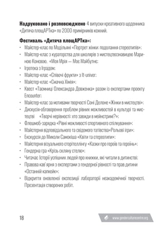 18
Надруковано і розповсюджено 4 випуски креативного щоденника
«Дитяча площАРТка» по 2000 примірників кожний.
Фестиваль «Дитяча площАРТка»:
•	 Майстер-клас по Модільяні «Портрет жінки: подолання стереотипів»;
•	 Майстер-клас з кураторства для школярів з мистецтвознавицею Мари-
ною Конєвою.	 «Моя Мрія — Моє Майбутнє;
•	 Ігротека з Іградом; 	
•	 Майстер-клас	«Співочі фрукти» з It-univer;
•	 Майстер-клас 	«Смачна Хімія»;
•	 Квест «Таємниці Олександра Довженка» разом із експертами проекту
Encounter;
•	 Майстер-клас за мотивами творчості Соні Делоне	«Жінки в мистецтві»;
•	 Дискусія-обговорення проблем рівних можливостей в культурі та мис-
тецтві	 «Творчі нерівності: хто завжди в мейнстримі?»;
•	 Флешмоб-зарядка «Рівні можливості спортивного спілкування»;
•	 Майстерня відповідального та свідомого татівства	«Рольові ігри»;
•	 Екскурсія до Миколи Самокіша «Квіти та стереотипи»;
•	 Майстерня візуального сторітеллінгу «Казки про героїв та героїнь»;
•	 Гендерна гра «Крізь скляну стелю»;
•	 Читачас	Історії успішних людей про книжки, які читали в дитинстві;
•	 Правова кавʼярня з експертами з гендерної рівності та прав дитини	
«Останній капкейк»;
•	 Відкриття оновленої експозиції лабораторії неакадемічної творчості.
Презентація створених робіт.	
 