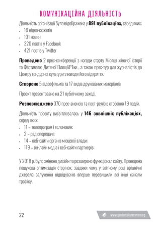 22
Діяльність організації була відображена у 891 публікаціях, серед яких:
•	 19 відео-сюжетів
•	 131 новин
•	 320 постів у Facebook
•	 421 постів у Twitter
Проведено 2 прес-конференції з нагоди старту Місяця жіночої історії
та Фестивалю Дитячої ПлощАРТки , а також прес-тур для журналістів до
Центру гендерної культури з нагоди його відкриття.
Створено 5 відеофільмів та 17 видів друкованих матеріалів
Проект презентовано на 21 публічному заході.
Розповсюджено 370 прес-анонсів та пост-релізів стосовно 19 подій.
Діяльність проекту висвітлювалась у 146 зовнішніх публікаціях,
серед яких:
•	 11 – телепрограм і теленовин;
•	 2 – радіопередачі;
•	 14 – веб-сайти органів місцевої влади;
•	 119 – он-лайн медіа і веб-сайти партнерів;
У 2018 р. було змінено дизайн та розширено функціонал сайту. Проведена
пошукова оптимізація сторінок, завдяки чому у звітному році органічні
джерела залучення відвідувачів вперше перевищили всі інші канали
трафіку.
КОМУНІКАЦІЙНА ДІЯЛЬНІСТЬ
 