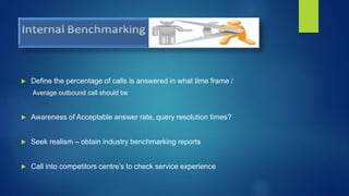  Define the percentage of calls is answered in what time frame /
Average outbound call should be
 Awareness of Acceptable answer rate, query resolution times?
 Seek realism – obtain industry benchmarking reports
 Call into competitors centre’s to check service experience
 