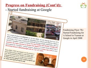 Progress on Fundraising (Cont’d):  - Started fundraising at Google Fundraising Flyer: We Started Fundraising for A School in Yunnan at Google in April 2008 