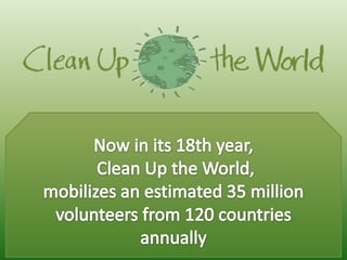 Now in its 18th year, Clean Up the World, mobilizes an estimated 35 million volunteers from 120 countries annually