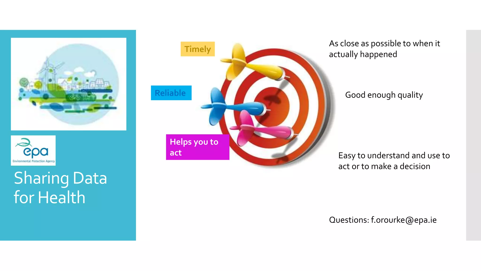Sharing Data
for Health
Reliable
Timely
Helps you to
act
As close as possible to when it
actually happened
Good enough quality
Easy to understand and use to
act or to make a decision
Questions: f.orourke@epa.ie