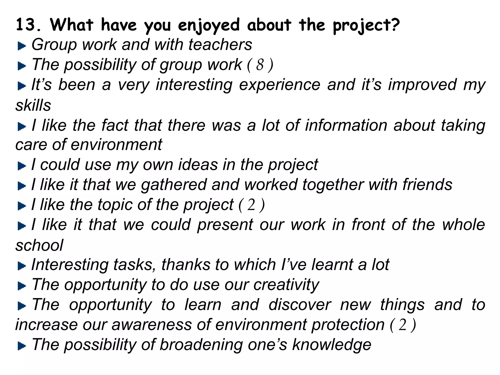 13. What have you enjoyed about the project?Group work and with teachers The possibility of group work ( 8 )It’s been a very interesting experience and it’s improved my skills I like the fact that there was a lot of information about taking care of environmentI could use my own ideas in the projectI like it that we gathered and worked together with friendsI like the topic of the project ( 2 )I like it that we could present our work in front of the whole schoolInteresting tasks, thanks to which I’ve learnt a lotThe opportunity to do use our creativityThe opportunity to learn and discover new things and to increase our awareness of environment protection ( 2 )The possibility of broadening one’s knowledge