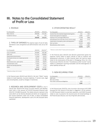 Consolidated Financial Statements as of 31 March 2014 19
1. REVENUE
€ in thousands 2013/14 2012/13
Main revenue 589,608 541,363
Incidental revenue 301 310
589,909 541,673
2. TYPES OF EXPENSES The expense types of cost of sales,
distribution costs and general and administrative costs are as fol-
lows:
€ in thousands 2013/14 2012/13*)
Cost of materials 204,884 205,180
Staff costs 121,324 109,804
Depreciation/amortisation 67,818 70,970
Purchased services incl. leased personnel 39,713 34,019
Energy 33,483 32,398
Maintenance (incl. spare parts) 34,044 29,879
Transportation costs 11,052 10,372
Rental and leasing expenses 4,987 5,214
Other 8,835 13,747
526,140 511,583
*)
Adjusted according to IAS 19 revised
In the financial years 2013/14 and 2012/13, the item “Other” mainly
relates to travel expenses, insurance expenses, IT service costs, legal
and consulting fees, as well as changes in inventories.
3. RESEARCH AND DEVELOPMENT COSTS In the fi-
nancial year 2013/14 the Group incurred research and develop-
ment costs in the amount of € 25,977 thousand (financial year
2012/13: € 24,684 thousand). The stated amounts represent only
costs which can be directly allocated and which are recognised in
the income statement under cost of sales. In these consolidated
financial statements, development costs of € 140 thousand were
capitalised.
4. OTHER OPERATING RESULT
€ in thousands 2013/14 2012/13
Income from the reversal of government grants 321 626
Government grants for expenses 3,009 1,537
Expenses from exchange differences (1,328) (489)
Gains/(losses) from the sale of non-current assets (461) (777)
Impairments of property, plant and equipment *)
(4,996) –
Start-up losses (4,931) (890)
Miscellaneous other income 1,551 1,268
(6,835) 1,275
*)
Reference is made to Note 8 "Property, plant and equipment".
In the financial years 2013/14 and 2012/13, government grants for
expenses mainly relate to export refunds as well as research and
development premiums. In both financial years the start-up losses
relate to the construction of the plant in Chongqing, China. As in the
financial year 2012/13, the item “miscellaneous other income” mainly
relates to subsequent incoming receivables and the derecognition of
other liabilities written off.
5. NON-RECURRING ITEMS
€ in thousands 2013/14 2012/13
Staff costs 2,194 –
Net costs arising
from other contractual obligations 810 –
3,004 –
In the financial year 2013/14, costs incurred in the amount of € 3,004
thousand for the closure of the plant in Klagenfurt. Of this amount,
€ 2,194 thousand relate to social plan payments, and € 810 thousand
relate to costs incurred for the reconstruction of rented buildings. In
the financial year 2012/13, non-recurring items did not exist.
III. Notes to the Consolidated Statement
of Profit or Loss
 