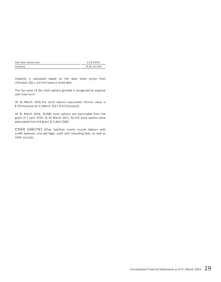 Consolidated Financial Statements as of 31 March 2014 29
Risk-free interest rate 0.17-0.45%
Volatility 35.56-38.03%
Volatility is calculated based on the daily share prices from
3 October 2011 until the balance sheet date.
The fair value of the stock options granted is recognised as expense
over their term.
At 31 March 2014 the stock options exercisable intrinsic value is
€ 59 thousand (at 31 March 2013: € 47 thousand).
At 31 March 2014, 45,000 stock options are exercisable from the
grant of 1 April 2010. At 31 March 2013, 16,150 stock options were
exercisable from the grant of 1 April 2009.
OTHER LIABILITIES Other liabilities mainly include debtors with
credit balances, accrued legal, audit and consulting fees, as well as
other accruals.
 
