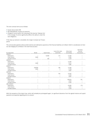 Consolidated Financial Statements as of 31 March 2013 31
The main contract terms are as follows:
 Equity ratio at least 35%
 Net Debt/EBITDA >3 (step-Up covenant)
 Change of control within the meaning of the Austrian Takeover Act
if this change of control significantly affects the ability to meet the
loan obligations.
If the step-up covenant is exceeded, the margin increases by 75 basis
points.
The contractually agreed (undiscounted) interest and redemption payments of the financial liabilities at 31 March 2014 in consideration of inter-
est rate hedging are as follows in the next financial years:
€ in thousands Bonds Export loans
Loans from state
authorities
Other bank
borrowings
Derivative
financial
instruments
2014/15
Redemption – 32,000 177 11,504 –
Fixed interest 5,000 – 5 4,183 –
Variable interest – 240 – 3,134 –
2015/16
Redemption – – – 11,500 –
Fixed interest 5,000 – 5 4,121 –
Variable interest – – – 2,985 –
2016/17
Redemption 100,000 – 184 11,500 –
Fixed interest 5,000 – 5 3,748 –
Variable interest – – – 2,967 –
2017/18
Redemption – – 150 22,462 –
Fixed interest – – – 3,334 –
Variable interest – – – 2,967 –
2018/19
Redemption – – – 138,076 241
Fixed interest – – – 2,920 –
Variable interest – – – 2,530 –
after 2018/19
Redemption – – – 43,000 179
Fixed interest – – – 1,832 –
Variable interest – – – 1,319 –
With the exception of the export loan, which will probably be prolongated again, no significant deviations from the agreed interest and capital
payments are expected regarding term or amount.
 