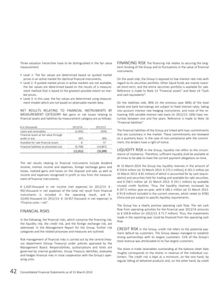 42 Consolidated Financial Statements as of 31 March 2014
Three valuation hierarchies have to be distinguished in the fair value
measurement.
 Level 1: The fair values are determined based on quoted market
prices in an active market for identical financial instruments.
 Level 2: If quoted market prices in active markets are not available,
the fair values are determined based on the results of a measure-
ment method that is based to the greatest possible extent on mar-
ket prices.
 Level 3: In this case, the fair values are determined using measure-
ment models which are not based on observable market data.
NET RESULTS RELATING TO FINANCIAL INSTRUMENTS BY
MEASUREMENT CATEGORY Net gains or net losses relating to
financial assets and liabilities by measurement category are as follows:
€ in thousands 2013/14 2012/13
Loans and receivables (2,065) (450)
Financial assets at fair value through
profit or loss (87) (89)
Available-for-sale financial assets 8 37
Financial liabilities at amortised cost (9,768) (14,897)
(11,912) (15,399)
The net results relating to financial instruments include dividend
income, interest income and expenses, foreign exchange gains and
losses, realised gains and losses on the disposal and sale, as well as
income and expenses recognised in profit or loss from the measure-
ment of financial instruments.
€ -1,420 thousand in net income (net expense) (in 2012/13: € -
942 thousand in net expense) of the total net result from financial
instruments is included in the operating result, and € -
10,492 thousand (in 2012/13: € -14.457 thousand in net expense) in
“Finance costs – net”.
FINANCIAL RISKS
In the following, the financial risks, which comprise the financing risk,
the liquidity risk, the credit risk, and the foreign exchange risk, are
addressed. In the Management Report for the Group, further risk
categories and the related processes and measures are outlined.
Risk management of financial risks is carried out by the central treas-
ury department (Group Treasury) under policies approved by the
Management Board. Responsibilities, authorisations and limits are
governed by internal guidelines. Group Treasury identifies, evaluates
and hedges financial risks in close cooperation with the Group’s oper-
ating units.
FINANCING RISK The financing risk relates to securing the long-
term funding of the Group and to fluctuations in the value of financial
instruments.
On the asset side, the Group is exposed to low interest rate risks with
regard to its securities portfolio. Other liquid funds are mainly invest-
ed short-term, and the entire securities portfolio is available for sale.
Reference is made to Note 13 “Financial assets” and Note 14 “Cash
and cash equivalents”.
On the liabilities side, 84% (in the previous year 84%) of the total
bonds and bank borrowings are subject to fixed interest rates, taking
into account interest rate hedging instruments, and most of the re-
maining 16% variable interest rate loans (in 2012/13: 16%) have ma-
turities between one and five years. Reference is made to Note 16
“Financial liabilities”.
The financial liabilities of the Group are linked with loan commitments
that are customary in the market. These commitments are reviewed
on a quarterly basis. In the case of non-compliance with the commit-
ment, the lenders have a right of notice.
LIQUIDITY RISK In the Group, liquidity risk refers to the circum-
stance of insolvency. Therefore, sufficient liquidity shall be available at
all times to be able to meet the current payment obligations on time.
At 31 March 2014 the Group has liquidity reserves in the amount of
€ 519.6 million (at 31 March 2013: € 272.1 million), € 261.1 million (at
31 March 2013: € 81 million) of which is accounted for by cash (equiv-
alents) and securities held for trading and available-for-sale securities,
and € 258.5 million (at 31 March 2013: € 191.1 million) by available
unused credit facilities. Thus, the liquidity reserves increased by
€ 247.5 million year-on-year, with € 180.2 million (at 31 March 2013:
€ 91.8 million) included in the current reserves, which relate to AT&S
China and are subject to specific liquidity requirements.
The Group has a clearly positive operating cash flow. The net cash
flow from operating activities for the financial year 2013/14 amounts
to € 104.8 million (in 2012/13: € 71.7 million). Thus, the investments
made in the reporting year could be financed from the operating cash
flow.
CREDIT RISK In the Group, credit risk refers to the potential pay-
ment default by customers. The Group always managed to establish
strong partnerships with its largest customers. 51% of the Group’s
total revenue was attributable to its five largest customers.
The share in trade receivables outstanding at the balance sheet date
roughly corresponds to the shares in revenue of the individual cus-
tomers. The credit risk is kept at a minimum, on the one hand, by
regular billing of delivered products and, on the other hand, by credit
 