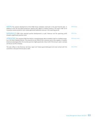 Group Management Report 2013/14 63
ANSAN The positive development of the AT&S Korea subsidiary continued in the past financial year. In
addition to the still very good production capacity with regard to medical products, the major order of an
innovative camera producer most notably generated additional revenue in the reporting period.
NANJANGUD AT&S India reported positive developments as well. Revenue and the operating profit
showed a significantly positive trend.
HONGKONG The company AT&S Asia Pacific in Hong Kong was able to establish itself as a holding compa-
ny in the field of Mobile Devices. The proximity to the CEMs of the customers and to the suppliers is another
locational advantage which the business partners highly appreciate. About half of the Group’s sales is already
carried out via this company.
The sales offices in the Americas, Germany, Japan and Taiwan guaranteed good and close contact with the
customers in the past financial year as well.
AT&S Korea
AT&S India
AT&S Asia Pacific
Sales offices
 