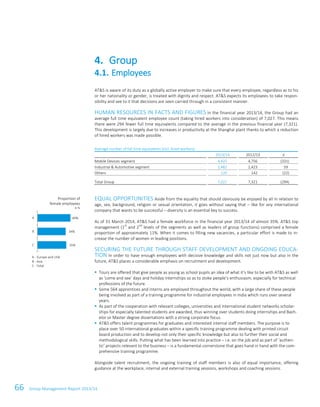 66 Group Management Report 2013/14
AT&S is aware of its duty as a globally active employer to make sure that every employee, regardless as to his
or her nationality or gender, is treated with dignity and respect. AT&S expects its employees to take respon-
sibility and see to it that decisions are seen carried through in a consistent manner.
HUMAN RESOURCES IN FACTS AND FIGURES In the financial year 2013/14, the Group had an
average full time equivalent employee count (taking hired workers into consideration) of 7,027. This means
there were 294 fewer full time equivalents compared to the average in the previous financial year (7,321).
This development is largely due to increases in productivity at the Shanghai plant thanks to which a reduction
of hired workers was made possible.
Average number of full time equivalents (incl. hired workers)
2013/14 2012/13 ±
Mobile Devices segment 4,425 4,756 (331)
Industrial & Automotive segment 2,482 2,423 59
Others 120 142 (22)
Total Group 7,027 7,321 (294)
EQUAL OPPORTUNITIES Aside from the equality that should obviously be enjoyed by all in relation to
age, sex, background, religion or sexual orientation, it goes without saying that – like for any international
company that wants to be successful – diversity is an essential key to success.
As of 31 March 2014, AT&S had a female workforce in the financial year 2013/14 of almost 35%. AT&S top
management (1
st
and 2
nd
levels of the segments as well as leaders of group functions) comprised a female
proportion of approximately 11%. When it comes to filling new vacancies, a particular effort is made to in-
crease the number of women in leading positions.
SECURING THE FUTURE THROUGH STAFF DEVELOPMENT AND ONGOING EDUCA-
TION In order to have enough employees with decisive knowledge and skills not just now but also in the
future, AT&S places a considerable emphasis on recruitment and development.
Tours are offered that give people as young as school pupils an idea of what it’s like to be with AT&S as well
as ‘come and see’ days and holiday internships so as to stoke people’s enthusiasm, especially for technical
professions of the future.
Some 564 apprentices and interns are employed throughout the world, with a large share of these people
being involved as part of a training programme for industrial employees in India which runs over several
years.
As part of the cooperation with relevant colleges, universities and international student networks scholar-
ships for especially talented students are awarded, thus winning over students doing internships and Bach-
elor or Master degree dissertations with a strong corporate focus.
AT&S offers talent programmes for graduates and interested internal staff members. The purpose is to
place over 50 international graduates within a specific training programme dealing with printed circuit
board production and to develop not only their specific knowledge but also to further their social and
methodological skills. Putting what has been learned into practice – i.e. on the job and as part of ‘authen-
tic’ projects relevant to the business – is a fundamental cornerstone that goes hand in hand with the com-
prehensive training programme.
Alongside talent recruitment, the ongoing training of staff members is also of equal importance, offering
guidance at the workplace, internal and external training sessions, workshops and coaching sessions.
4. Group
4.1. Employees
Proportion of
female employees
In %
35%
34%
40%
C
B
A
A - Europe and USA
B - Asia
C - Total
 