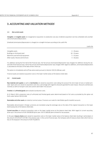 NOTES TO THE FINANCIAL STATEMENTS AS OF 31 MARCH 2014 Appendix 3
87
3.ACCOUNTING AND VALUATION METHODS
3.1. Non-current assets
Intangible and tangible assets are recognised at acquisition or production cost plus incidental acquisition cost less scheduled and unsched-
uled amortisation/depreciation.
Scheduled amortisation/depreciation is charged on a straight-line basis according to the useful life.
Useful life
Intangible assets 4 - 10 years
Buildings on third party land 10 - 15 years
Machinery and technical equipment 5 - 15 years
Other assets, fixtures and furniture 3 - 10 years
For additions during the first half of the financial year, the full annual amortisation/depreciation was charged, for additions during the sec-
ond half of the financial year, half of the annual amortisation/depreciation was charged. With regard to additions, amortisation/depreciation
is calculated on the basis of the date of their initial use.
The option to immediately write off low-value assets pursuant to Section 226 (3) UGB was used.
Financial assets are stated at acquisition costs or the lower market values at the balance sheet date.
3.2. Current assets
Raw materials and supplies as well as merchandise are valued at acquisition costs taking into account the strict lower of cost or market prin-
ciple. Spare parts are valued at acquisition costs less a percentage with regard to discounts granted for asset classes. Discounts and bonuses
received, as well as transport costs and customs were taken into account.
Finished and unfinished goods were valued at production costs.
At 31 March 2014, production costs of unfinished and finished goods were determined based on full costs as provided by the option set
forth under Section 203 (3) UGB.
Receivables and other assets are stated at nominal values. Provisions are made for identifiable specific doubtful accounts.
Receivables denominated in foreign currencies are translated using the exchange rate at the date of the original transaction or the lower
bank buying rate at the balance sheet date.
Current securities are valued at acquisition costs or the lower market prices at the balance sheet date. With regard to current securities,
write-ups in the amount of EUR 104,400.00 (prior year: EUR 37,900.00) were omitted for tax purposes.
In the past, treasury shares were valued at acquisition costs or the lower market value at the balance sheet date resulting in write-downs in
the amount of EUR 6,077,537.00 in the previous year. In the current financial year, the Company sold all treasury shares held, which led to a
loss on the disposal in the amount of EUR 752,604.55.
 