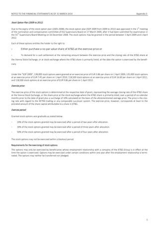 NOTES TO THE FINANCIAL STATEMENTS AS OF 31 MARCH 2014 Appendix 3
1
Stock Option Plan (2009 to 2012)
Due to the expiry of the stock option plan (2005-2008), the stock option plan (SOP 2009 from 2009 to 2012) was approved in the 1
st
meeting
of the nomination and compensation committee of the Supervisory Board on 17 March 2009, after it had been submitted for examination in
the 55
th
Supervisory Board Meeting on 16 December 2008. The stock options may be granted in the period between 1 April 2009 and 1 April
2012.
Each of these options entitles the holder to the right to
- Either purchase a no-par value share of AT&S at the exercise price or
- To demand for a cash settlement at the remaining amount between the exercise price and the closing rate of the AT&S share at
the Vienna Stock Exchange, or at stock exchange where the AT&S share is primarily listed, at the date the option is exercised by the benefi-
ciary.
Under the “SOP 2009”, 138,000 stock options were granted at an exercise price of EUR 3.86 per share on 1 April 2009, 135,000 stock options
at an exercise price of EUR 7.45 per share on 1 April 2010, 118,500 stock options at an exercise price of EUR 16.60 per share on 1 April 2011,
and 118,500 stock options at an exercise price of EUR 9.86 per share on 1 April 2012.
Exercise price:
The exercise price of the stock options is determined at the respective date of grant, representing the average closing rate of the AT&S share
at the Vienna Stock Exchange, or the share price at the stock exchange where the AT&S share is primarily listed, over a period of six calendar
months prior to the date of grant plus a surcharge of 10% calculated on the basis of the aforementioned average price. The price is the clos-
ing rate with regard to the XETRA trading or any comparable successor system. The exercise price, however, corresponds at least to the
prorated amount of the share capital attributable to a share in AT&S.
Exercise period:
Granted stock options vest gradually as stated below:
- 20% of the stock options granted may be exercised after a period of two years after allocation.
- 30% of the stock options granted may be exercised after a period of three years after allocation.
- 50% of the stock options granted may be exercised after a period of four years after allocation.
The stock options may not be exercised within a blackout period.
Requirements for the exercising of stock options:
The options may only be exercised by beneficiaries whose employment relationship with a company of the AT&S Group is in effect at the
time the option is exercised. Options may be exercised under certain conditions within one year after the employment relationship is termi-
nated. The options may neither be transferred nor pledged.
 