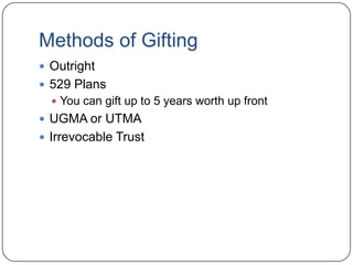 ReviewYou can gift up to $13,000 to as many different people as you’d like under the Annual Gift Tax ExclusionIf you gift more than $13,000 to any on person, or if they don’t have immediate use of that gift, you’ll start to use your $1,000,000 Lifetime Gift Tax ExclusionAny use of your $1,000,000 Lifetime Gift Tax Exclusion will reduce your $3,500,000 Estate Tax Exemption