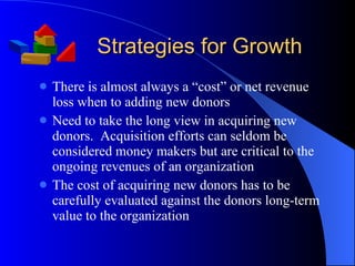 Strategies for Growth There is almost always a “cost” or net revenue loss when to adding new donors Need to take the long view in acquiring new donors.  Acquisition efforts can seldom be considered money makers but are critical to the ongoing revenues of an organization The cost of acquiring new donors has to be carefully evaluated against the donors long-term value to the organization 
