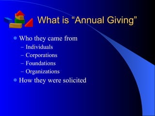 What is “Annual Giving” Who they came from Individuals Corporations Foundations Organizations How they were solicited 