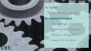My Agenda
Our objective and context
An analytical framework
The challenges of COVID-19
Exploring AMC proposals
Putting it all together
Lessons for the future
 