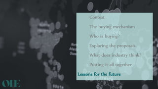 Context
The buying mechanism
Who is buying?
Exploring the proposals
What does industry think?
Putting it all together
Lessons for the future
 