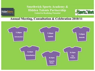 Smethwick Sports Academy & Hidden Talents Partnership  United in Realising Potential 7.35pm  Update 7.45pm Awards 8.10pm Consultation 8.15pm  The  Future  7.30pm Introduction 8.15pm  Food &  Party  Annual Meeting, Consultation & Celebration 2010/11  