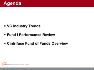 Where connections spark growth.
2
Agenda
 VC Industry Trends
 Fund I Performance Review
 Cintrifuse Fund of Funds Overview
 