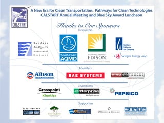A New Era for Clean Transportation: Pathways for Clean Technologies
CALSTART Annual Meeting and Blue Sky Award Luncheon
Thanks to Our Sponsors
	
   Innovators
Founders
Champions
Supporters	
  
 