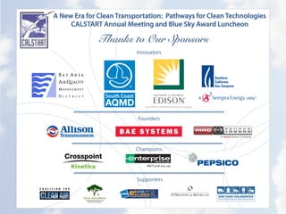 A New Era for Clean Transportation: Pathways for Clean Technologies
CALSTART Annual Meeting and Blue Sky Award Luncheon
Thanks to Our Sponsors
	
   Innovators
Founders
Champions
Supporters	
  
 