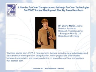 A New Era for Clean Transportation: Pathways for Clean Technologies
CALSTART Annual Meeting and Blue Sky Award Luncheon
December 9, 2014 l Westin Bonaventure, Los Angeles
“Success stories from ARPA-E have common themes, including new technologies and
ideas that blur existing lines of categorization. While projects are differentiated
between transportation and power production, in several cases there are solutions
that address both.”
	
  	
  
Dr. Cheryl Martin, Acting
Director, Advanced
Research Projects Agency
– Energy (ARPA-E), US
Department of Energy
	
  
 