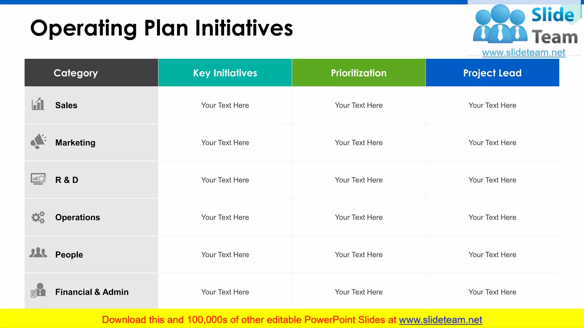 Category Key Initiatives Prioritization Project Lead
Sales Your Text Here Your Text Here Your Text Here
Marketing Your Text Here Your Text Here Your Text Here
R & D Your Text Here Your Text Here Your Text Here
Operations Your Text Here Your Text Here Your Text Here
People Your Text Here Your Text Here Your Text Here
Financial & Admin Your Text Here Your Text Here Your Text Here
Operating Plan Initiatives
14
This slide is 100% editable. Adapt it to your needs and capture your audience's attention.
 