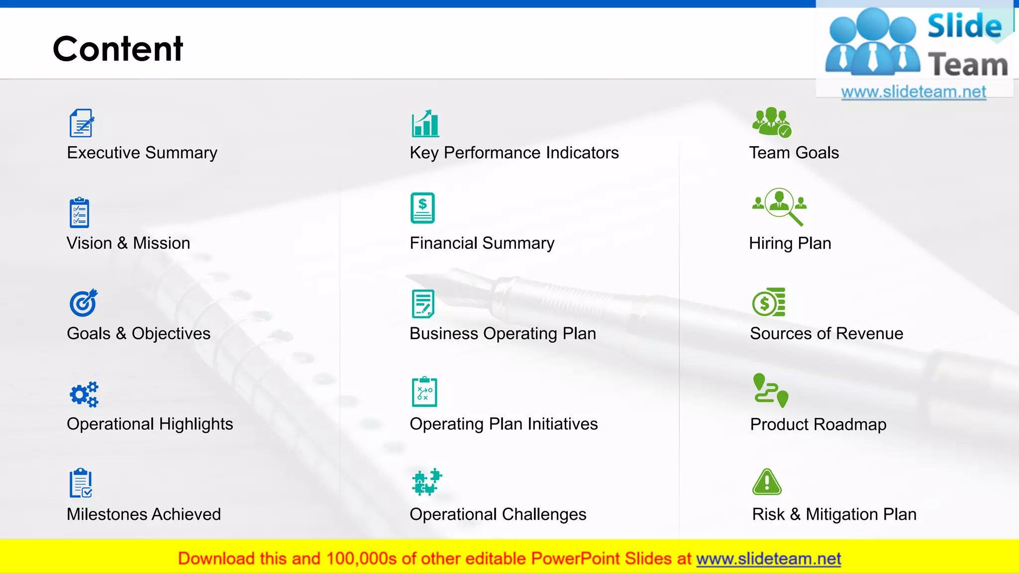 Content
3
Risk & Mitigation Plan
Executive Summary
Vision & Mission
Goals & Objectives
Operational Highlights
Milestones Achieved
Key Performance Indicators
Financial Summary
Business Operating Plan
Operating Plan Initiatives
Operational Challenges
Team Goals
Hiring Plan
Sources of Revenue
Product Roadmap
 