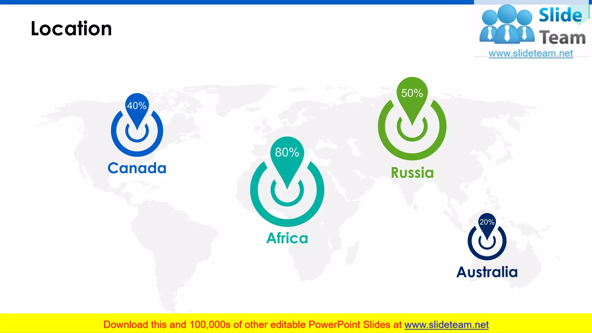 Location
30
40%
Canada
80%
Africa
50%
Russia
20%
This slide is 100% editable. Adapt it to your needs and capture your audience's attention.
 