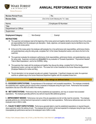 Human Resources
ANNUAL PERFORMANCE REVIEW
Review Period From: To:
Review Date: (End of the month following the “To:” date)
Name: Employee ID Number:
Title:
Department or Office:
Supervisor:
Employment Category: Non-Exempt Exempt
INSTRUCTIONS
 The supervisor and employee meet at the beginning of the review period and together identify and prioritize three to five primary
job responsibilities from the employee’s job description. Goals, objectives, and special projects may be identified at any time
throughout the review period.
 At the end of the review period, the employee self-evaluates his or her performance (job responsibilities, performance factors,
and goals/objectives) using the rating scale, completes Part I of the Career Development section, and returns the form to the
supervisor.
 The supervisor evaluates the employee’s performance of job responsibilities, performance factors, and goals/objectives using
the rating scale. Supervisor comments are REQUIRED for any evaluation of “Exceeds Expectations”, “Improvement Needed”,
“Fails to Meet Expectations”, and for the OVERALL rating.
 The supervisor then meets with the employee and together they discuss the ratings, complete Part II of the Career
Development section, and sign and date the form. The review form is then forwarded to the Human Resources Department
(Employee Relations) for review and filing.
 The job description is to be reviewed annually and updated, if appropriate. If significant changes are made, the supervisor
submits an updated copy to the Human Resources Department together with the completed review form.
E – EXCEEDED EXPECTATIONS: A preponderance of the employee’s work exceeded expectations. The employee consistently
did outstanding work, regularly going far beyond what is expected of employees doing this type of work. Performance that exceeded
expectations was due to the effort and skills of the employee.
M – MET EXPECTATIONS: Performance fully met the established job expectations, and may on occasion have exceeded
expectations. The employee generally performs very well and requires little additional guidance.
I – IMPROVEMENT NEEDED: Performance met some of the job expectations but did not fully meet the remainder. The employee
generally performs at a minimal level and improvement is needed to fully meet expectations. Performance deficiencies were due to the
employee’s lack of effort or skills.
F – FAILED TO MEET EXPECTATIONS: Performance generally failed to meet the established expectations or required frequent,
close supervision and/or the redoing of work. The employee did not perform at the level expected for employees doing this type of work.
Unacceptable job performance was due to the employee’s lack of effort or skills.
PO Box 7424 | Winston-Salem, NC 27109 | p 336.758.4700 | f 336.758.6127 | askhr@wfu.edu WFU-HR-0026
Issued 8-4-00
Revised: 1-6-05
RATING SCALE – Use ratings as defined below.
 