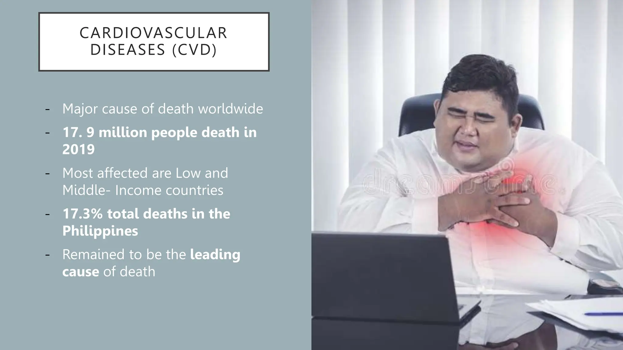 CARDIOVASCULAR
DISEASES (CVD)
- Major cause of death worldwide
- 17. 9 million people death in
2019
- Most affected are Low and
Middle- Income countries
- 17.3% total deaths in the
Philippines
- Remained to be the leading
cause of death
 