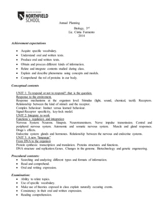 Annual Planning 
Biology, 3rd 
Lic. Cintia Furmento 
2014 
Achievement expectations 
 Acquire specific vocabulary. 
 Und...