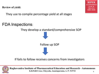 RIPER
AUTONOMOUS
NAAC &
NBA (UG)
SIRO- DSIR
Raghavendra Institute of Pharmaceutical Education and Research - Autonomous
K.R.Palli Cross, Chiyyedu, Anantapuramu, A. P- 515721 6
They use to complie percentage yield at all stages
FDA Inspections:
They develop a standard/comprehensive SOP
Follow up SOP
If fails to follow receives concerns from investigators
Review of yield:
 
