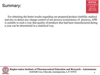 RIPER
AUTONOMOUS
NAAC &
NBA (UG)
SIRO- DSIR
Raghavendra Institute of Pharmaceutical Education and Research - Autonomous
K.R.Palli Cross, Chiyyedu, Anantapuramu, A. P- 515721 8
Summary:
For obtaining the better results regarding our prepared product (stability studies)
and also to detect any change control of our process (consistency of process), APR
is suitable in such a way that quality of products that had been manufactured during
a year can be determined in a statistical way.
 