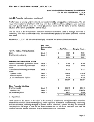 NORTHWEST TERRITORIES POWER CORPORATION

                                                     Notes to the Consolidated Financial Statements
                                                                  For the year ended March 31, 2010
                                                                                               ($000’s)

Note 28. Financial instruments (continued)

The fair value of sinking fund investments were determined by using published price quotes. The fair
value determination for short-term debt, long-term debt and the net lease obligation was estimated
based on quoted market prices for Federal government bonds with the same or similar maturities
adjusted for the credit spread at the point of issue.

The fair value of the Corporation’s derivative financial instruments used to manage exposure to
commodity price risk is estimated based on quoted market prices for the same or similar financial
instrument.

As at March 31, 2010, the fair value and carrying value of NTPC’s financial instruments are:


                                           Fair Value
                                           Determination
                                           Level                      Fair Value      Carrying Value
Held for trading financial assets
Cash                                       Level 1                $          1,694    $          1,694
Short-term investments                     Level 1                           1,987               1,987
                                                                  $          3,681    $          3,681

Available-for-sale financial assets
Federal Government guaranteed bonds        Level 1                $          4,155    $          4,155
Provincial Government guaranteed           Level 1                           3,998               3,998
bonds
Municipal Government guaranteed            Level 1                           3,771               3,771
bonds
Corporate bonds                            Level 1                          10,674              10,674
Canadian equities                          Level 1                           6,475               6,475
US and international equities              Level 1                           3,308               3,308
                                                                  $         32,381    $         32,381


Other Financial liabilities
Short-term debt                            Level 2                $         38,647    $         38,647
Long-term debt                             Level 2                         179,760             154,624
Net lease obligation                       Level 2                           3,611               1,544
                                                                  $        222,018    $        194,815
h) Impairment

NTPC assesses the decline in the value of the individual investments for impairment to determine
whether the decline is other than temporary. The Corporation makes this assessment by considering
available evidence, including changes in general market conditions, specific industry and individual
company data, the length of time and the extent to which the fair value has been less than cost, the
financial condition and the near-term prospects of the individual investment.



                                                                                               Page 35
 