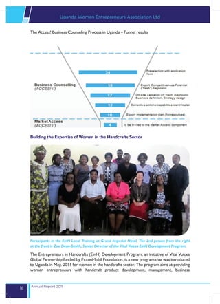 Uganda Women Entrepreneurs Association Ltd


     The Access! Business Counseling Process in Uganda – Funnel results




     Building the Expertise of Women in the Handcrafts Sector




     Participants in the EinH Local Training at Grand Imperial Hotel. The 2nd person from the right
     at the front is Zoe Dean-Smith, Senior Director of the Vital Voices EinH Development Program

     The Entrepreneurs in Handcrafts (EinH) Development Program, an initiative of Vital Voices
     Global Partnership funded by ExxonMobil Foundation, is a new program that was introduced
     to Uganda in May, 2011 for women in the handcrafts sector. The program aims at providing
     women entrepreneurs with handcraft product development, management, business


     Annual Report 2011
18
 