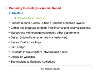 CS Jaladhi Shukla
19
 Preparing to create your Annual Report
 Timeline
 Allow 2 to 3 months
 Prepare reports, Create Outline / Sections and basic layouts
 Gather and organize contents from internal and external sources.
 discussions with management team / other departments
 Design (internally, or externally via freelancer)
 Review Drafts (proofing)
 Print and pdf
 Distribute to stakeholders (physical and e-mail)
 Upload on websites
 Submissions to Statutory Authorities
 