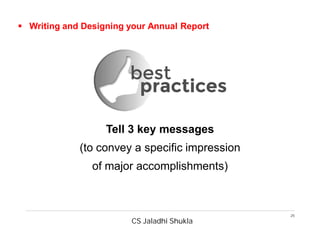 CS Jaladhi Shukla
25
 Writing and Designing your Annual Report
Tell 3 key messages
(to convey a specific impression
of major accomplishments)
 