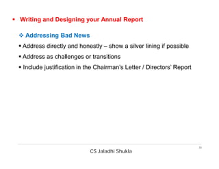 CS Jaladhi Shukla
33
 Writing and Designing your Annual Report
 Addressing Bad News
 Address directly and honestly – show a silver lining if possible
 Address as challenges or transitions
 Include justification in the Chairman’s Letter / Directors’ Report
 