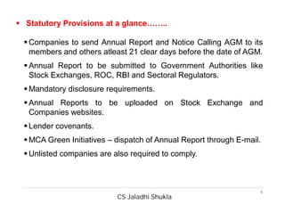 CS Jaladhi Shukla
5
 Statutory Provisions at a glance……..
 Companies to send Annual Report and Notice Calling AGM to its
members and others atleast 21 clear days before the date of AGM.
 Annual Report to be submitted to Government Authorities like
Stock Exchanges, ROC, RBI and Sectoral Regulators.
 Mandatory disclosure requirements.
 Annual Reports to be uploaded on Stock Exchange and
Companies websites.
 Lender covenants.
 MCA Green Initiatives – dispatch of Annual Report through E-mail.
 Unlisted companies are also required to comply.
 