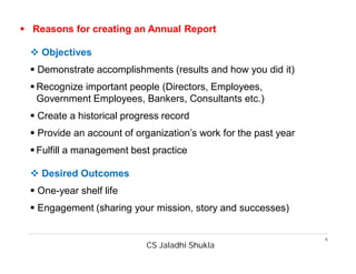 CS Jaladhi Shukla
6
 Reasons for creating an Annual Report
 Objectives
 Demonstrate accomplishments (results and how you did it)
 Recognize important people (Directors, Employees,
Government Employees, Bankers, Consultants etc.)
 Create a historical progress record
 Provide an account of organization’s work for the past year
 Fulfill a management best practice
 Desired Outcomes
 One-year shelf life
 Engagement (sharing your mission, story and successes)
 