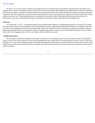Table of Contents 
We believe we have been able to compete successfully because of our brand image and recognition, the performance and quality of our 
products and our selective distribution policies. We also believe our focused gearline merchandising story differentiates us from our competition. 
In the future we expect to compete for consumer preferences and expect that we may face greater competition on pricing. This may favor larger 
competitors with lower production costs per unit that can spread the effect of price discounts across a larger array of products and across a larger 
customer base than ours. The purchasing decisions of consumers for our products often reflect highly subjective preferences that can be 
influenced by many factors, including advertising, media, product sponsorships, product improvements and changing styles. 
Employees 
As of December 31, 2013 , we had approximately seventy-eight hundred employees, including approximately five thousand in our brand 
and factory house stores and nine hundred seventy at our distribution facilities. Approximately thirty three hundred of our employees were full-time. 
Most of our employees are located in the United States. None of our employees in the United States are currently covered by a collective 
bargaining agreement and there are no material collective bargaining agreements in effect in any of our international locations. We have had no 
labor-related work stoppages, and we believe our relations with our employees are good. 
Available Information 
We will make available free of charge on or through our website at www.underarmour.com our annual reports on Form 10-K, quarterly 
reports on Form 10-Q, current reports on Form 8-K and amendments to these reports filed or furnished pursuant to Section 13(a) or 15(d) of the 
Exchange Act as soon as reasonably practicable after we file these materials with the Securities and Exchange Commission. We also post on this 
website our key corporate governance documents, including our board committee charters, our corporate governance guidelines and our code of 
conduct and ethics. 
7 
 