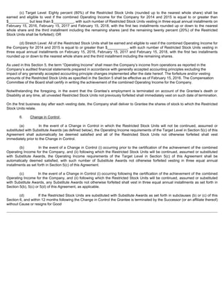 (c) Target Level: Eighty percent (80%) of the Restricted Stock Units (rounded up to the nearest whole share) shall be 
earned and eligible to vest if the combined Operating Income for the Company for 2014 and 2015 is equal to or greater than 
$__________ but less than $__________, with such number of Restricted Stock Units vesting in three equal annual installments on 
February 15, 2016, February 15, 2017 and February 15, 2018, with the first two installments rounded up or down to the nearest 
whole share and the third installment including the remaining shares (and the remaining twenty percent (20%) of the Restricted 
Stock Units shall be forfeited); OR 
(d) Stretch Level: All of the Restricted Stock Units shall be earned and eligible to vest if the combined Operating Income for 
the Company for 2014 and 2015 is equal to or greater than $__________, with such number of Restricted Stock Units vesting in 
three equal annual installments on February 15, 2016, February 15, 2017 and February 15, 2018, with the first two installments 
rounded up or down to the nearest whole share and the third installment including the remaining shares. 
As used in this Section 5, the term “Operating Income” shall mean the Company’s income from operations as reported in the 
Company’s audited financial statements prepared in accordance with generally accepted accounting principles excluding the 
impact of any generally accepted accounting principle changes implemented after the date hereof. The forfeiture and/or vesting 
amounts of the Restricted Stock Units as specified in the Section 5 shall be effective as of February 15, 2016. The Compensation 
Committee of the Board shall certify in writing the achievement of the combined Operating Income for the Company. 
Notwithstanding the foregoing, in the event that the Grantee’s employment is terminated on account of the Grantee’s death or 
Disability at any time, all unvested Restricted Stock Units not previously forfeited shall immediately vest on such date of termination. 
On the first business day after each vesting date, the Company shall deliver to Grantee the shares of stock to which the Restricted 
Stock Units relate. 
6. Change in Control . 
(a) In the event of a Change in Control in which the Restricted Stock Units will not be continued, assumed or 
substituted with Substitute Awards (as defined below), the Operating Income requirements of the Target Level in Section 5(c) of this 
Agreement shall automatically be deemed satisfied and all of the Restricted Stock Units not otherwise forfeited shall vest 
immediately prior to the Change in Control. 
(b) In the event of a Change in Control (i) occurring prior to the certification of the achievement of the combined 
Operating Income for the Company, and (ii) following which the Restricted Stock Units will be continued, assumed or substituted 
with Substitute Awards, the Operating Income requirements of the Target Level in Section 5(c) of this Agreement shall be 
automatically deemed satisfied, with such number of Substitute Awards not otherwise forfeited vesting in three equal annual 
installments as set forth in Section 5(c) of this Agreement. 
(c) In the event of a Change in Control (i) occurring following the certification of the achievement of the combined 
Operating Income for the Company, and (ii) following which the Restricted Stock Units will be continued, assumed or substituted 
with Substitute Awards, any Substitute Awards not otherwise forfeited shall vest in three equal annual installments as set forth in 
Section 5(b), 5(c) or 5(d) of this Agreement, as applicable. 
(d) If the Restricted Stock Units are substituted with Substitute Awards as set forth in subclauses (b) or (c) of this 
Section 6, and within 12 months following the Change in Control the Grantee is terminated by the Successor (or an affiliate thereof) 
without Cause or resigns for Good 
 