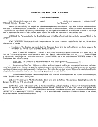 Exhibit 10.13 
RESTRICTED STOCK UNIT GRANT AGREEMENT 
FOR NON-US GRANTEES 
THIS AGREEMENT, made as of this ____ day of ____________________, 2014, (the “ Agreement ”) between UNDER 
ARMOUR, INC. (the “ Company ”) and _____________________________ (the “ Grantee ”). 
WHEREAS, the Company has adopted the Amended and Restated 2005 Omnibus Long-Term Incentive Plan as amended 
(the “ Plan ”), attached hereto as Attachment A or otherwise delivered or made available to Grantee, to promote the interests of the 
Company and its stockholders by providing the Company’s key employees and others with an appropriate incentive to encourage 
them to continue in the employ of the Company and to improve the growth and profitability of the Company; and 
WHEREAS, the Plan provides for the Grant to Grantees in the Plan of restricted share units for shares of Stock of the 
Company; 
NOW, THEREFORE, in consideration of the premises and the mutual covenants hereinafter set forth, the parties hereto 
hereby agree as follows: 
1. Investment . The Grantee represents that the Restricted Stock Units (as defined herein) are being acquired for 
investment and not with a view toward the distribution thereof. 
2. Grant of Restricted Stock Units . Pursuant to, and subject to, the terms and conditions set forth herein and in the 
Plan, the Company hereby grants to the Grantee an award (the “ Award ”) of Restricted Stock Units for ________ shares of Stock 
of the Company (collectively, the “ Restricted Stock Units ”). The Purchase Price for the Restricted Stock Units shall be paid by the 
Grantee’s services to the Company. 
3. Grant Date . The Grant Date of the Restricted Stock Units hereby granted is ____________, 2014. 
4. Incorporation of the Plan . All terms, conditions and restrictions of the Plan are incorporated herein and made part 
hereof as if stated herein. If there is any conflict between the terms and conditions of the Plan and this Agreement, the terms and 
conditions of this Agreement, as interpreted by the Board, or a Committee thereof, shall govern. Unless otherwise indicated herein, 
all capitalized terms used herein shall have the meanings given to such terms in the Plan. 
5. Vesting and Delivery Date . The Restricted Stock Units shall vest as follows provided the Grantee remains employed 
by the Company on each such vesting date: 
(a) Below Threshold Level: All of the Restricted Stock Units shall be forfeited if the combined Operating Income for the 
Company for 2014 and 2015 is less than $__________; OR 
(b) Threshold Level: Forty percent (40%) of the Restricted Stock Units (rounded up to the nearest whole share) shall be 
earned and eligible to vest if the combined Operating Income for the Company for 2014 and 2015 is equal to or greater than 
$__________ but less than $__________, with such number of Restricted Stock Units vesting in three equal annual installments on 
February 15, 2016, February 15, 2017 and February 15, 2018, with the first two installments rounded up or down to the nearest 
whole share and the third installment including 
 