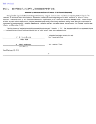 Table of Contents 
ITEM 8. FINANCIAL STATEMENTS AND SUPPLEMENTARY DATA 
Report of Management on Internal Control Over Financial Reporting 
Management is responsible for establishing and maintaining adequate internal control over financial reporting for the Company. We 
conducted an evaluation of the effectiveness of our internal control over financial reporting based on the framework in Internal Control— 
Integrated Framework issued by the Committee of Sponsoring Organizations of the Treadway Commission (COSO) in 1992. This evaluation 
included review of the documentation of controls, evaluation of the design effectiveness of controls, testing of the operating effectiveness of 
controls and a conclusion on this evaluation. Based on our evaluation, we have concluded that our internal control over financial reporting was 
effective as of December 31, 2013 . 
The effectiveness of our internal control over financial reporting as of December 31, 2013 , has been audited by PricewaterhouseCoopers 
LLP, an independent registered public accounting firm, as stated in their report which appears herein. 
Dated: February 21, 2014 
39 
/s/ K EVIN A. P LANK 
Chairman of the Board of Directors and 
Chief Executive Officer 
Kevin A. Plank 
/s/ B RAD D ICKERSON Chief Financial Officer 
Brad Dickerson 
 