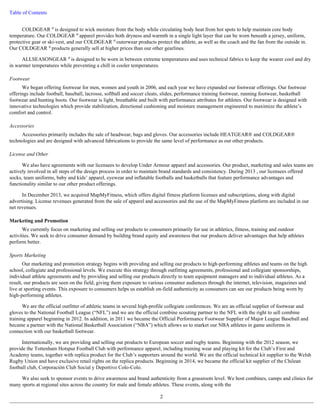 Table of Contents 
COLDGEAR ® is designed to wick moisture from the body while circulating body heat from hot spots to help maintain core body 
temperature. Our COLDGEAR ® apparel provides both dryness and warmth in a single light layer that can be worn beneath a jersey, uniform, 
protective gear or ski-vest, and our COLDGEAR ® outerwear products protect the athlete, as well as the coach and the fan from the outside in. 
Our COLDGEAR ® products generally sell at higher prices than our other gearlines. 
ALLSEASONGEAR ® is designed to be worn in between extreme temperatures and uses technical fabrics to keep the wearer cool and dry 
in warmer temperatures while preventing a chill in cooler temperatures. 
Footwear 
We began offering footwear for men, women and youth in 2006, and each year we have expanded our footwear offerings. Our footwear 
offerings include football, baseball, lacrosse, softball and soccer cleats, slides, performance training footwear, running footwear, basketball 
footwear and hunting boots. Our footwear is light, breathable and built with performance attributes for athletes. Our footwear is designed with 
innovative technologies which provide stabilization, directional cushioning and moisture management engineered to maximize the athlete’s 
comfort and control. 
Accessories 
Accessories primarily includes the sale of headwear, bags and gloves. Our accessories include HEATGEAR® and COLDGEAR® 
technologies and are designed with advanced fabrications to provide the same level of performance as our other products. 
License and Other 
We also have agreements with our licensees to develop Under Armour apparel and accessories. Our product, marketing and sales teams are 
actively involved in all steps of the design process in order to maintain brand standards and consistency. During 2013 , our licensees offered 
socks, team uniforms, baby and kids’ apparel, eyewear and inflatable footballs and basketballs that feature performance advantages and 
functionality similar to our other product offerings. 
In December 2013, we acquired MapMyFitness, which offers digital fitness platform licenses and subscriptions, along with digital 
advertising. License revenues generated from the sale of apparel and accessories and the use of the MapMyFitness platform are included in our 
net revenues. 
Marketing and Promotion 
We currently focus on marketing and selling our products to consumers primarily for use in athletics, fitness, training and outdoor 
activities. We seek to drive consumer demand by building brand equity and awareness that our products deliver advantages that help athletes 
perform better. 
Sports Marketing 
Our marketing and promotion strategy begins with providing and selling our products to high-performing athletes and teams on the high 
school, collegiate and professional levels. We execute this strategy through outfitting agreements, professional and collegiate sponsorships, 
individual athlete agreements and by providing and selling our products directly to team equipment managers and to individual athletes. As a 
result, our products are seen on the field, giving them exposure to various consumer audiences through the internet, television, magazines and 
live at sporting events. This exposure to consumers helps us establish on-field authenticity as consumers can see our products being worn by 
high-performing athletes. 
We are the official outfitter of athletic teams in several high-profile collegiate conferences. We are an official supplier of footwear and 
gloves to the National Football League (“NFL”) and we are the official combine scouting partner to the NFL with the right to sell combine 
training apparel beginning in 2012. In addition, in 2011 we became the Official Performance Footwear Supplier of Major League Baseball and 
became a partner with the National Basketball Association (“NBA”) which allows us to market our NBA athletes in game uniforms in 
connection with our basketball footwear. 
Internationally, we are providing and selling our products to European soccer and rugby teams. Beginning with the 2012 season, we 
provide the Tottenham Hotspur Football Club with performance apparel, including training wear and playing kit for the Club’s First and 
Academy teams, together with replica product for the Club’s supporters around the world. We are the official technical kit supplier to the Welsh 
Rugby Union and have exclusive retail rights on the replica products. Beginning in 2014, we became the official kit supplier of the Chilean 
football club, Corporación Club Social y Deportivo Colo-Colo. 
We also seek to sponsor events to drive awareness and brand authenticity from a grassroots level. We host combines, camps and clinics for 
many sports at regional sites across the country for male and female athletes. These events, along with the 
2 
 