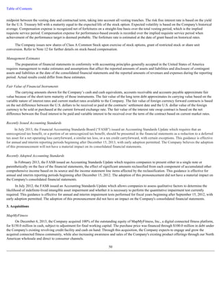 Table of Contents 
midpoint between the vesting date and contractual term, taking into account all vesting tranches. The risk free interest rate is based on the yield 
for the U.S. Treasury bill with a maturity equal to the expected life of the stock option. Expected volatility is based on the Company's historical 
average. Compensation expense is recognized net of forfeitures on a straight-line basis over the total vesting period, which is the implied 
requisite service period. Compensation expense for performance-based awards is recorded over the implied requisite service period when 
achievement of the performance target is deemed probable. The forfeiture rate is estimated at the date of grant based on historical rates. 
The Company issues new shares of Class A Common Stock upon exercise of stock options, grant of restricted stock or share unit 
conversion. Refer to Note 12 for further details on stock-based compensation. 
Management Estimates 
The preparation of financial statements in conformity with accounting principles generally accepted in the United States of America 
requires management to make estimates and assumptions that affect the reported amounts of assets and liabilities and disclosure of contingent 
assets and liabilities at the date of the consolidated financial statements and the reported amounts of revenues and expenses during the reporting 
period. Actual results could differ from these estimates. 
Fair Value of Financial Instruments 
The carrying amounts shown for the Company’s cash and cash equivalents, accounts receivable and accounts payable approximate fair 
value because of the short term maturity of those instruments. The fair value of the long term debt approximates its carrying value based on the 
variable nature of interest rates and current market rates available to the Company. The fair value of foreign currency forward contracts is based 
on the net difference between the U.S. dollars to be received or paid at the contracts’ settlement date and the U.S. dollar value of the foreign 
currency to be sold or purchased at the current forward exchange rate. The fair value of the interest rate swap contract is based on the net 
difference between the fixed interest to be paid and variable interest to be received over the term of the contract based on current market rates. 
Recently Issued Accounting Standards 
In July 2013, the Financial Accounting Standards Board (“FASB”) issued an Accounting Standards Update which requires that an 
unrecognized tax benefit, or a portion of an unrecognized tax benefit, should be presented in the financial statements as a reduction to a deferred 
tax asset for a net operating loss carryforward, a similar tax loss, or a tax credit carryforward, with certain exceptions. This guidance is effective 
for annual and interim reporting periods beginning after December 15, 2013, with early adoption permitted. The Company believes the adoption 
of this pronouncement will not have a material impact on its consolidated financial statements. 
Recently Adopted Accounting Standards 
In February 2013, the FASB issued an Accounting Standards Update which requires companies to present either in a single note or 
parenthetically on the face of the financial statements, the effect of significant amounts reclassified from each component of accumulated other 
comprehensive income based on its source and the income statement line items affected by the reclassification. This guidance is effective for 
annual and interim reporting periods beginning after December 15, 2012. The adoption of this pronouncement did not have a material impact on 
the Company's consolidated financial statements. 
In July 2012, the FASB issued an Accounting Standards Update which allows companies to assess qualitative factors to determine the 
likelihood of indefinite-lived intangible asset impairment and whether it is necessary to perform the quantitative impairment test currently 
required. This guidance is effective for annual and interim impairment tests performed for fiscal years beginning after September 15, 2012, with 
early adoption permitted. The adoption of this pronouncement did not have an impact on the Company's consolidated financial statements. 
3. Acquisitions 
MapMyFitness 
On December 6, 2013, the Company acquired 100% of the outstanding equity of MapMyFitness, Inc., a digital connected fitness platform, 
for $150.0 million in cash, subject to adjustment for final working capital. The purchase price was financed through $100.0 million in debt under 
the Company's existing revolving credit facility and cash on hand. Through this acquisition, the Company expects to engage and grow the 
acquired connected fitness community, while also increasing awareness and sales of the Company's existing product offerings through our North 
American wholesale and direct to consumer channels. 
50 
 